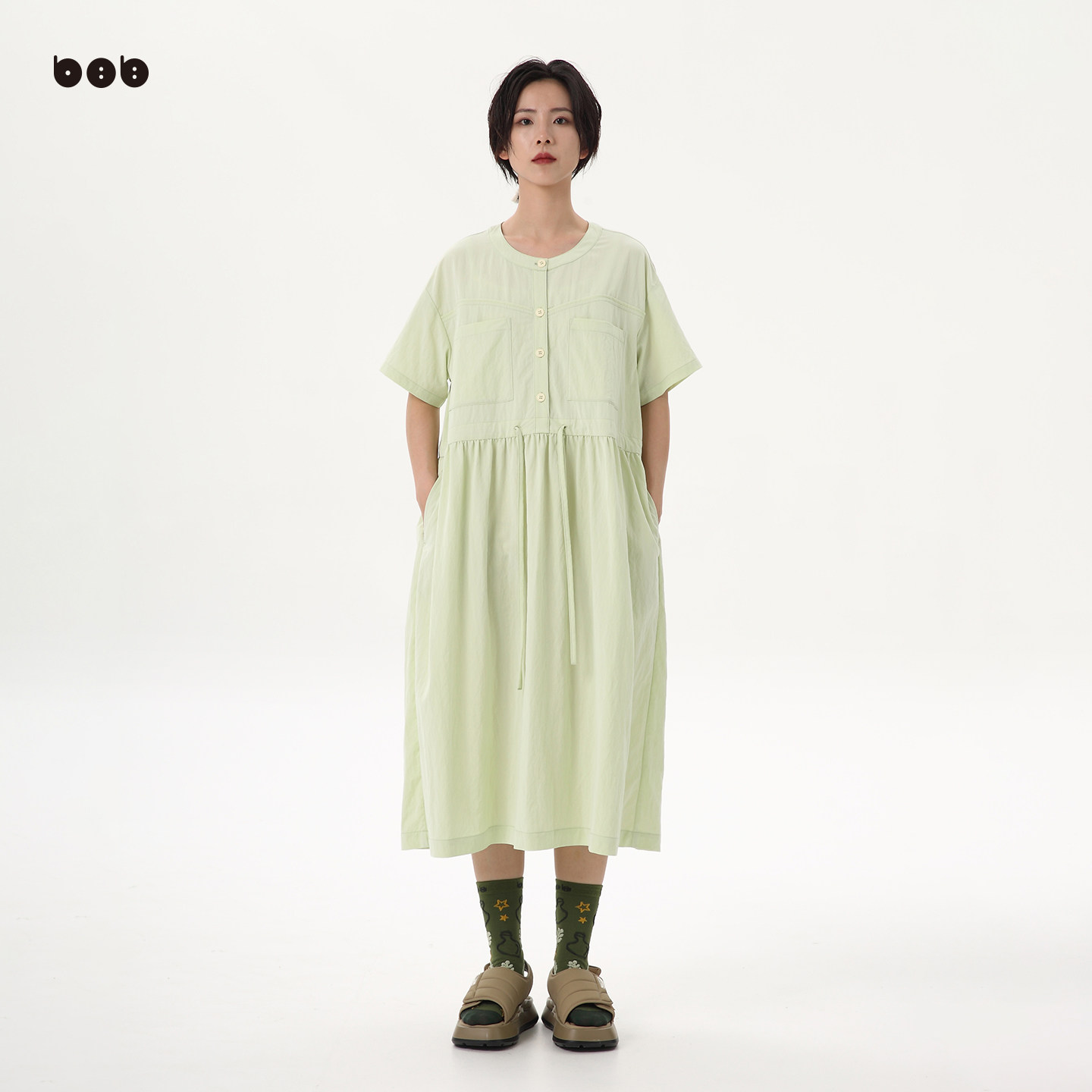 [商场同款]白目自清新感圆领抽绳系带连衣裙夏宽松口袋短袖中长裙