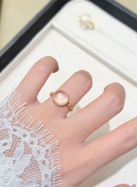 s925纯银戒指女天然粉水晶食指戒小众设计感指环开口可调节时尚