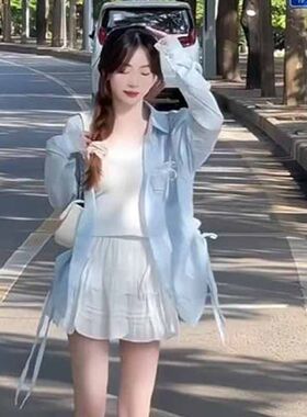 韩系甜妹小清新夏季新款三件套蓝色蕾丝防晒衬衫+内搭吊带+半身裙