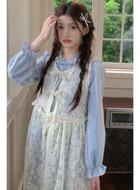 森系甜美可爱蓝色长袖衬衫连衣裙女生搭配镂空防晒罩衫春季两件套