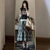 马甲背心毛衣衬衫 秋季 日系甜美一整套可爱小熊针织衫 格纹半身裙