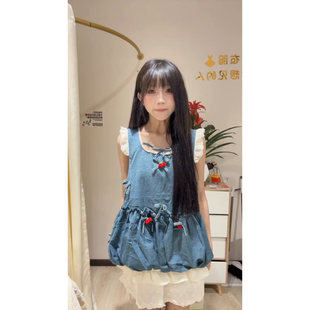 日系复古小个子甜美拼接无袖 蝴蝶结樱桃甜美牛仔花苞上衣夏季 新款