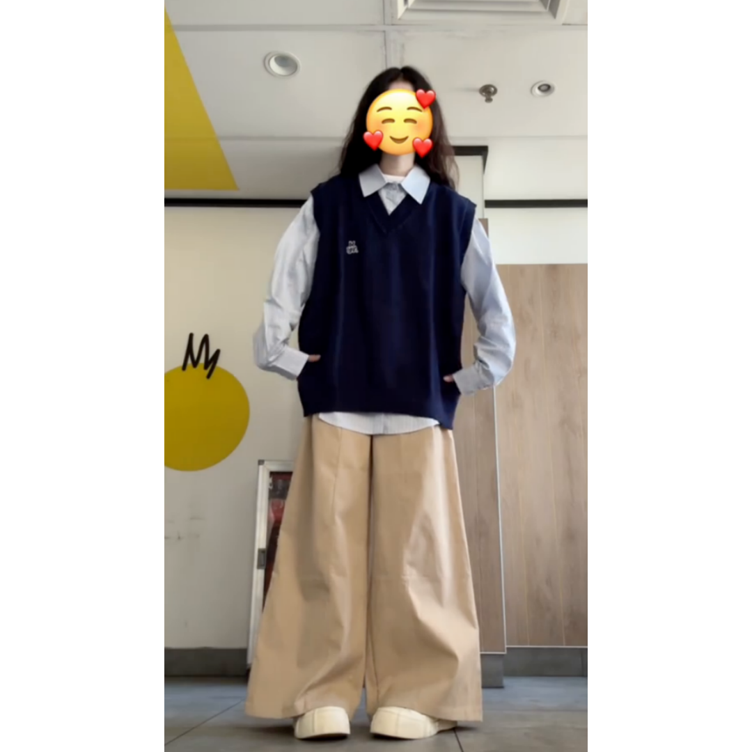 学院针织马甲背心蓝色衬衫两件套