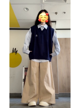 学院甜美清新叠穿针织马甲背心女秋冬季小个子百搭蓝色衬衫两件套