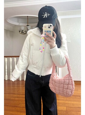 韩版设计感时尚百搭白色连帽棉服女短款拉链外套薄款休闲卫衣开衫