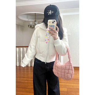 韩版设计感时尚百搭白色连帽棉服女短款拉链外套薄款休闲卫衣开衫