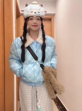 小个子学院甜美清新小众减龄设计感短款休闲百搭保暖蓝色棉服冬季