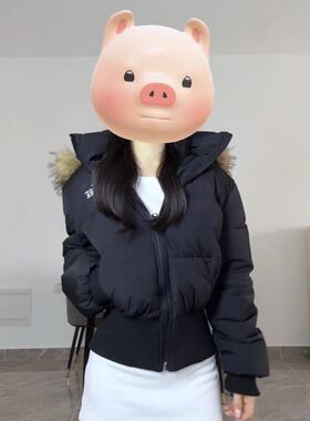 冬季新款小个子学院风减龄独特收腰显瘦设计毛领连帽黑色棉服女生