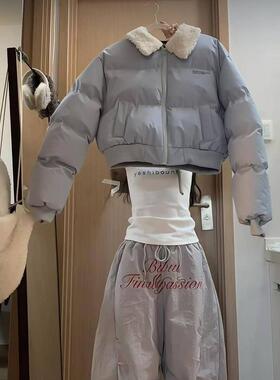 冬季新款韩系蓝色羊羔毛翻领短款棉服外套女宽松百搭保暖面包服潮