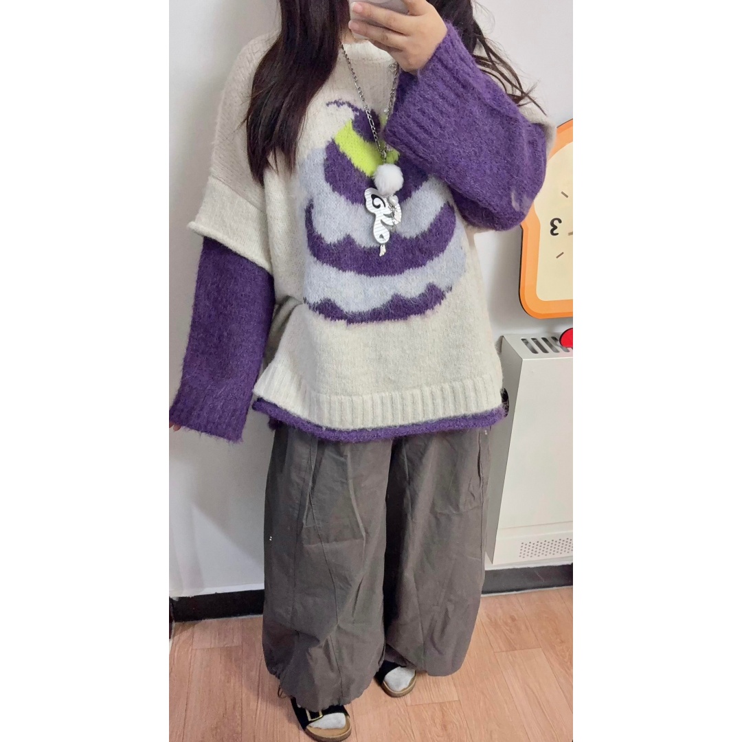 秋冬圆领假两件长袖慵懒宽松毛衣