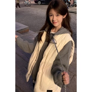 韩系学院风复古系带设计感连帽针织衫 毛衣搭配女棉服马甲两件套装