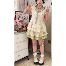 森系甜美小个子穿搭飞飞袖花边拼接上衣女搭配高腰半身裙两件套装
