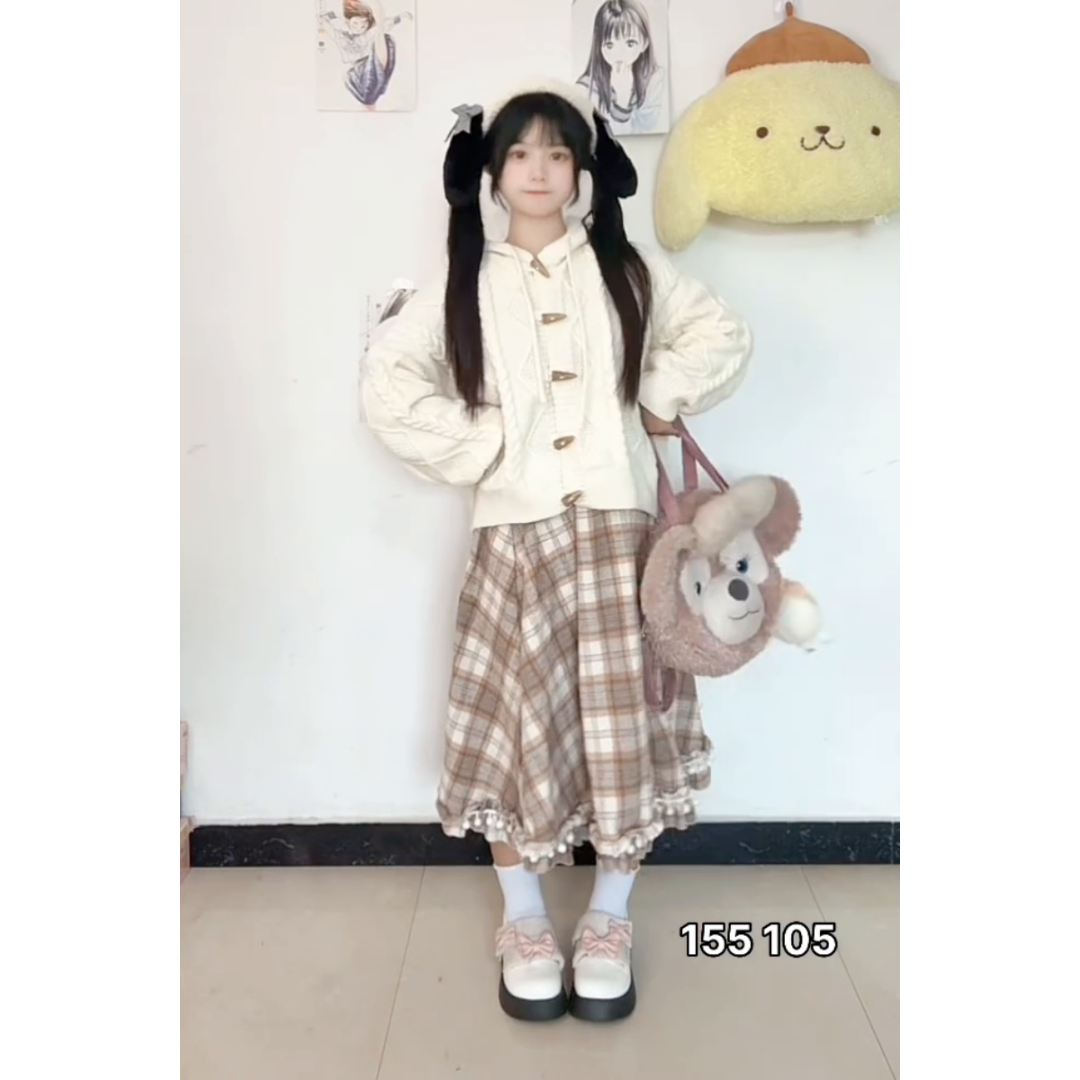 针织毛衣开衫格纹半身裙套装