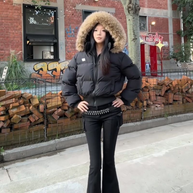 韩版学院风复古减龄独特设计休闲百搭黑色毛领连帽棉服女冬季新款