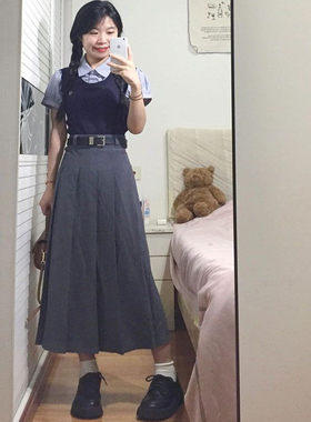 两件套装英伦学院风撞色拼接短款上衣小个子灰色半身裙夏日新款女