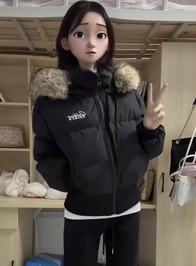 冬季新款学院风减龄显瘦保暖大毛领黑色棉服外套女百搭短款面包服