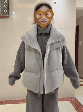 学院风慵懒复古宽松加厚保暖棉服马甲学生+灰色毛衣+阔腿裤三件套