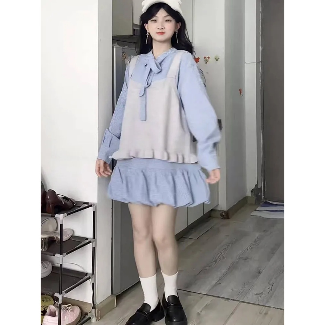 系带衬衫花苞裙吊带背心学院套装