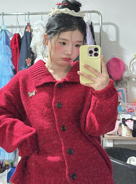 早秋2025学院复古休闲百搭复红色针织衫大翻领宽松显瘦毛衣外套