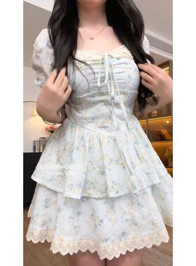 夏日小个子蓝色公主裙碎花连衣裙小香风蝴蝶结碎花蛋糕蓬蓬短裙子