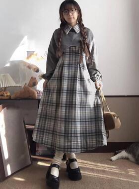 秋季新品一整套韩系学院风减龄复古格纹背心连衣裙女搭配灰色上衣