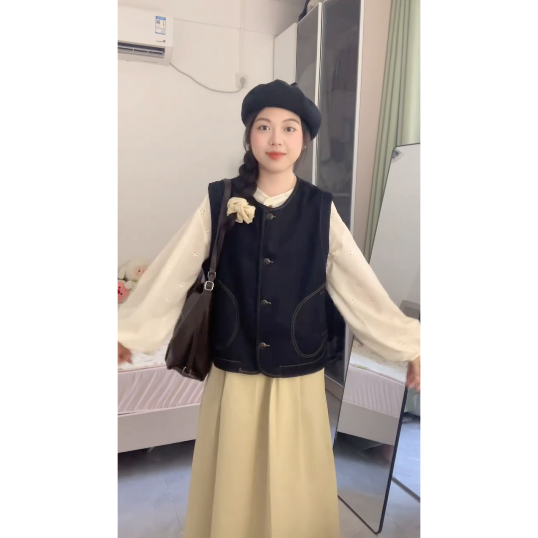 牛仔马甲镂空衬衫半身裙三件套