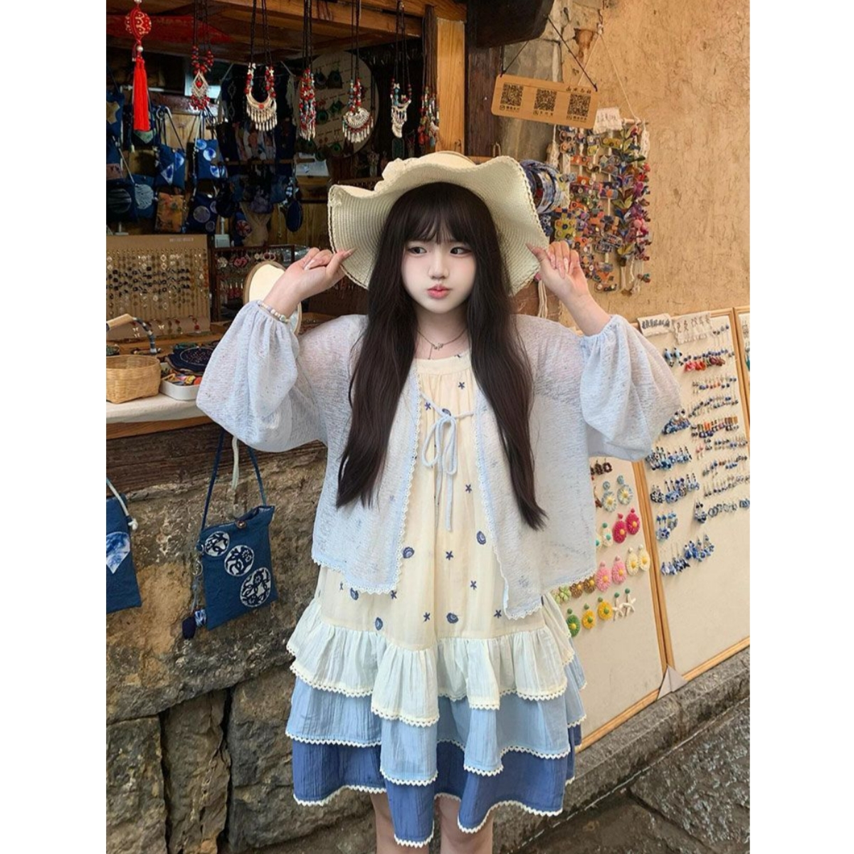 蛋糕连衣裙蓝色防晒衫一整套女