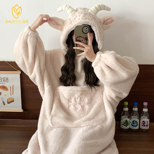 可爱羊角睡衣女冬季珊瑚绒加厚加绒连身睡袍保暖睡裙大尺码冬天套