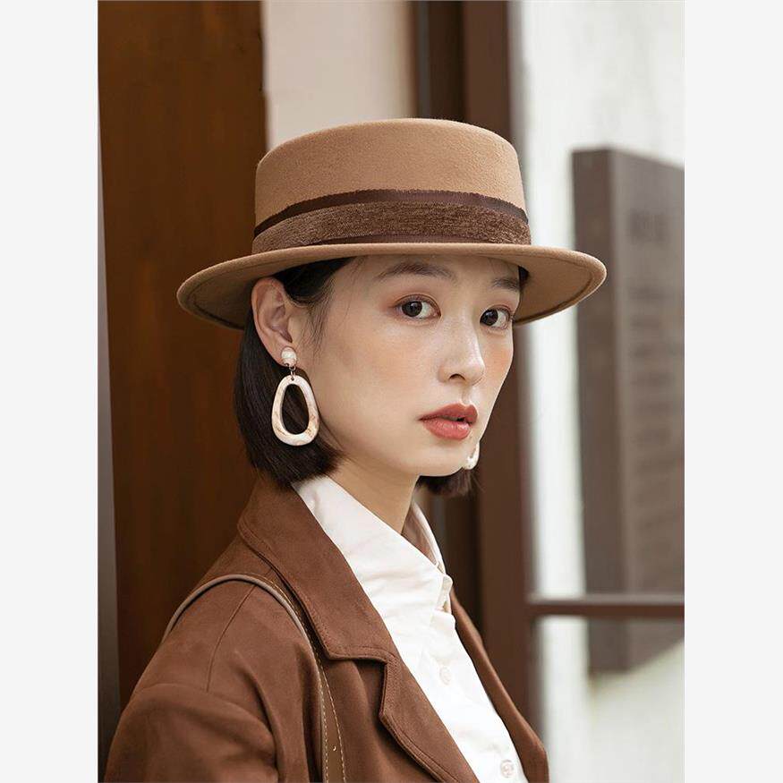 法式复古平顶礼帽女时尚秋冬季时尚毡帽平顶帽子女款2024新款帽子
