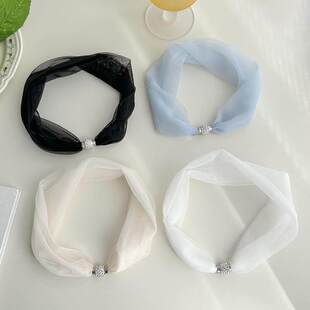 蕾丝围脖女士春夏季磁吸扣简约珍珠吊坠护颈网纱透气文艺装饰丝巾