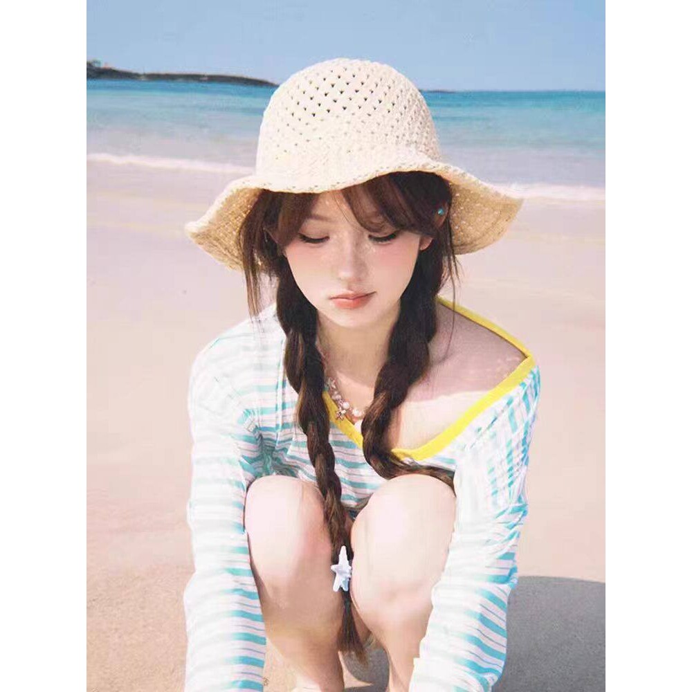 纯色镂空草帽子女春夏季新款遮阳防晒海边沙滩出游度假编织渔夫帽
