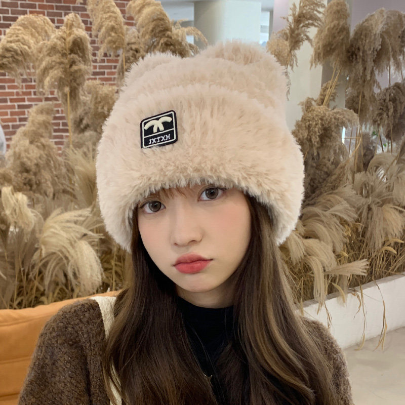 甜美可爱耳朵雷锋帽子女冬天加绒加厚保暖毛线帽毛绒护耳套头帽冬