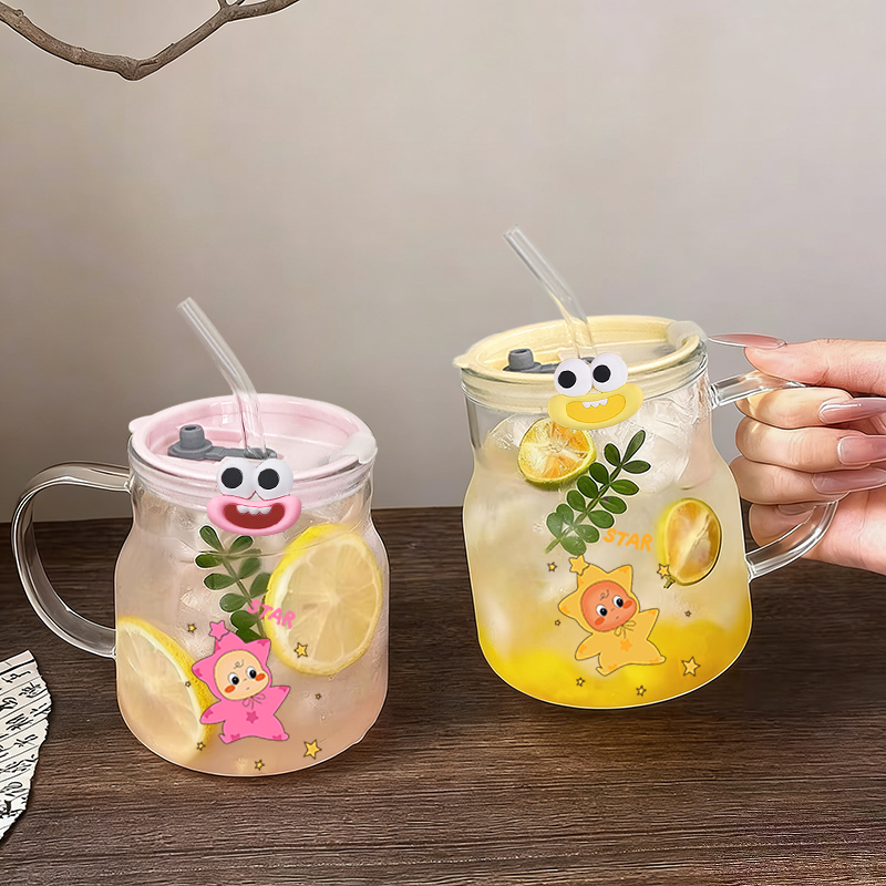 2026新款水杯高颜值带把手玻璃杯大容量吸管杯咖啡杯家用饮料杯透