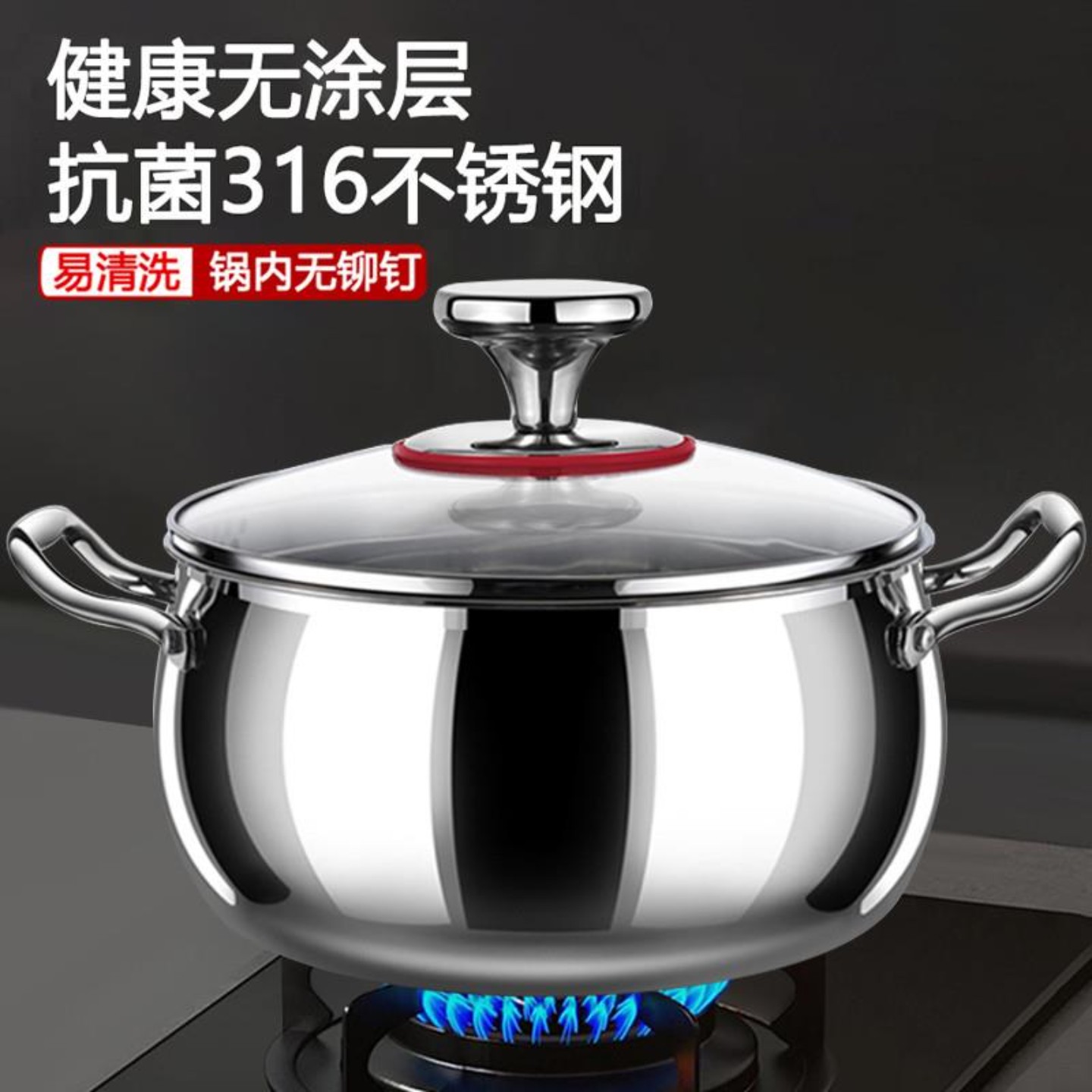 德国316不锈钢汤锅家用新款加厚燃气电磁炉专用煮面锅双耳煲汤锅