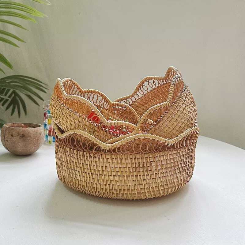 Круглая корзина из ротанга для фруктов, домашняя корзина для паровых булочек, плетенка, хлеб, поднос из ротанга для фруктов, кухонная корзина для закусок