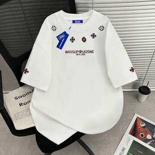 高街百搭宽松潮牌情侣上衣 新款 WASSUP刺绣重磅纯棉短袖 T恤男夏季