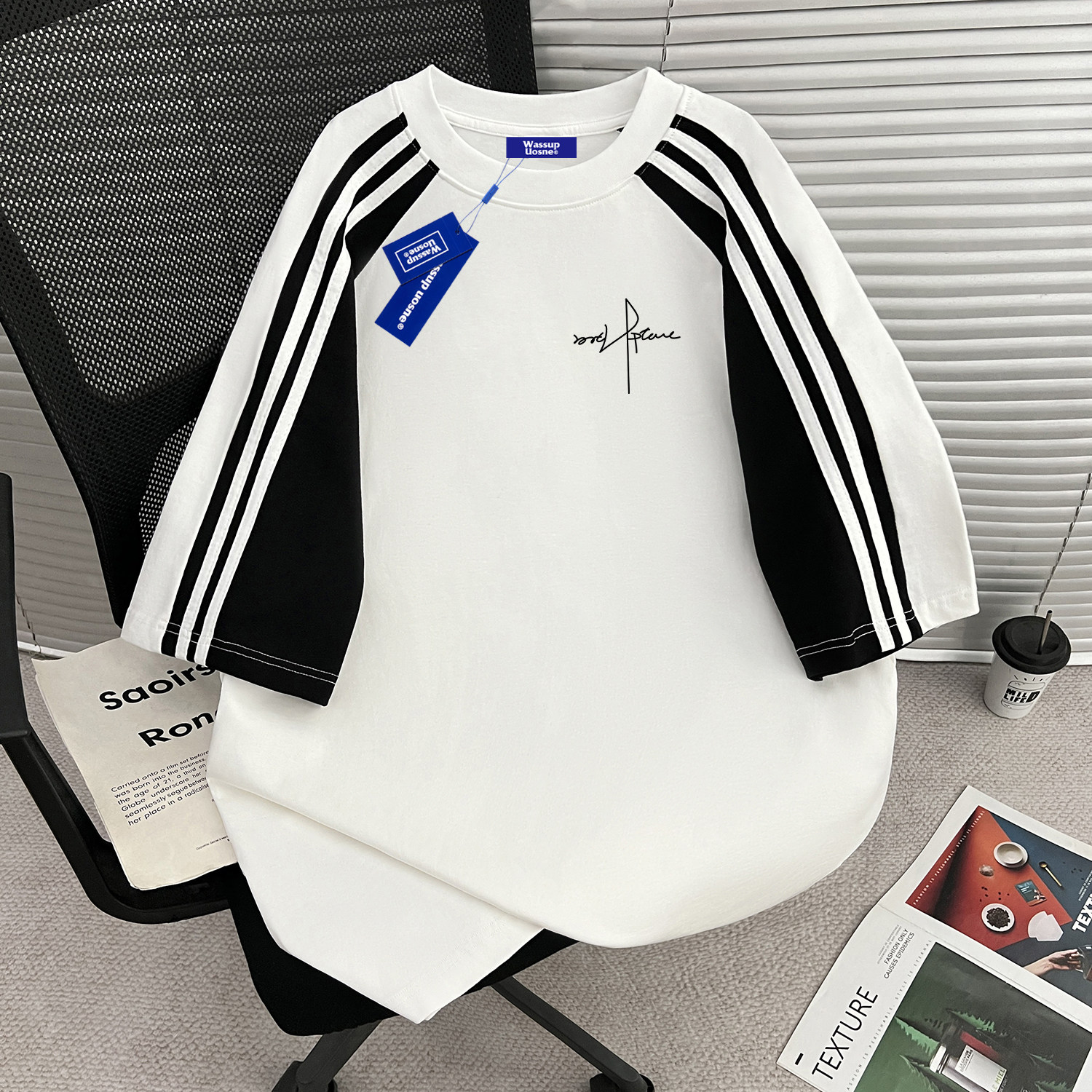 WASSUP夏季2026新款重磅纯棉三条杠短袖T恤男宽松运动风潮牌上衣