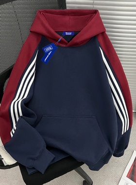 WASSUP美式复古三条杠拼接连帽卫衣男潮牌设计感宽松情侣款上衣