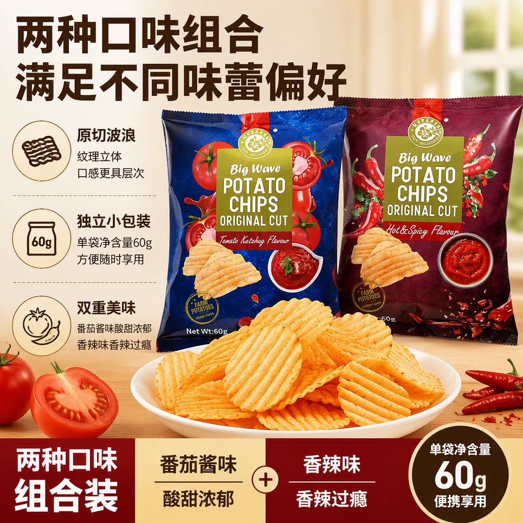马卡兰原切进口大波浪薯片秘制烧烤味薄脆薯片追剧小零食休闲零食