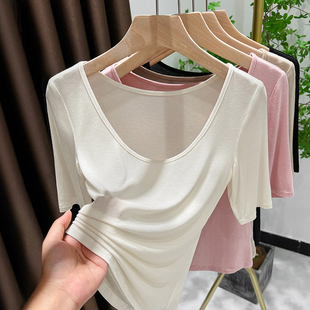 大领低领短袖t恤女夏季性感锁骨面膜轻薄显瘦修身外穿上衣0304e