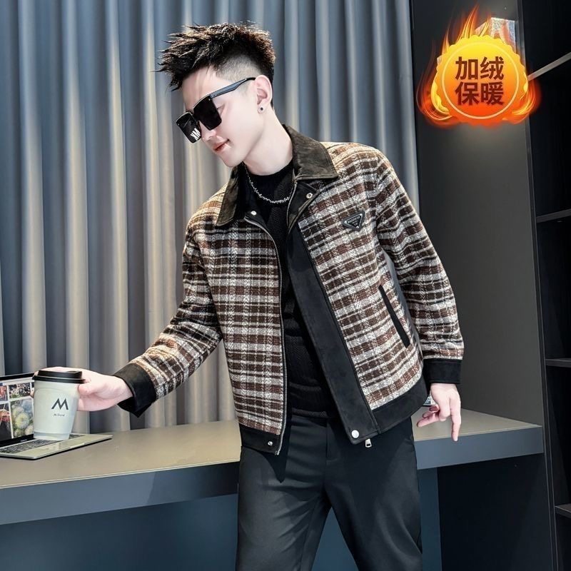秋冬加厚款夹克男士格子呢料外套2026新款爆款高级感痞帅休闲外套