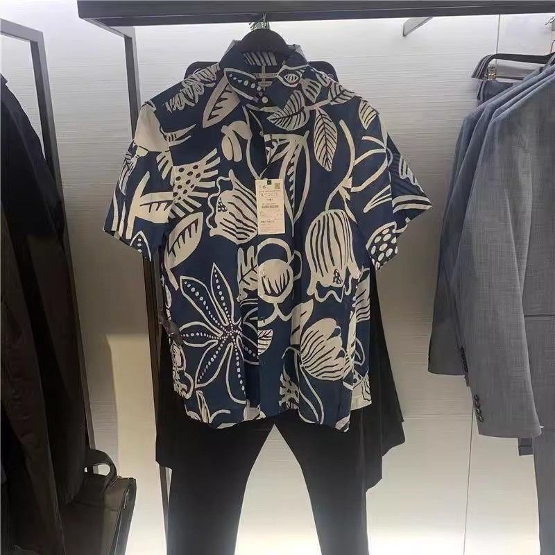 欧货时尚潮男百搭植物印花夏男短袖衬衫轻奢帅气时尚潮流衬衣