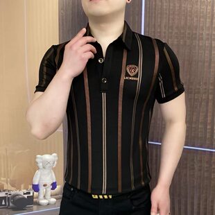 夏季 短袖 新款 条纹百搭时尚 T恤男 欧货男士 商务休闲翻领短袖 POLO衫