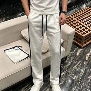 夏季新款醋酸休闲裤老钱风拼接撞色直筒裤男士潮流百搭条纹运动裤