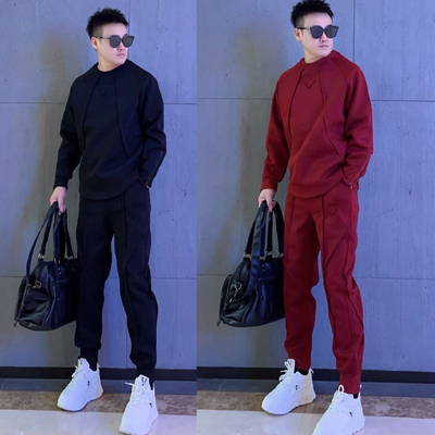 男士休闲套装2025春季新款简约纯色圆领长袖卫衣束脚卫裤子两件套