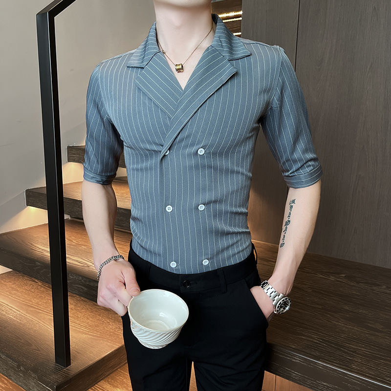 夏季高级感男士古巴领条纹修身中袖衬衫2025新款潮流休闲短袖衬衣