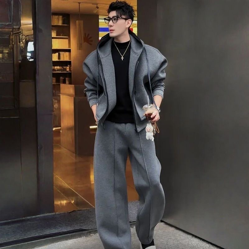 男装春季新款秋外套男春秋款假两件休闲连帽外套百搭宽松男装套装
