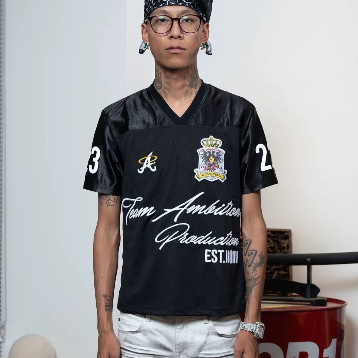 夏季新款223系列美式嘻哈运动面料透气拼接印花款足球棒球服短袖T
