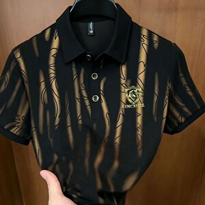 显贵气黑金Polo衫渐变竖纹烫金马标低调奢华上档次休闲T恤上衣男
