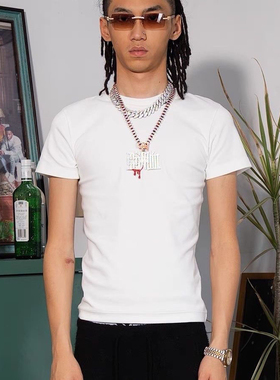 夏季新款223系列美式街头嘻哈RAPPER弹力基础刺绣紧身修身t恤短袖